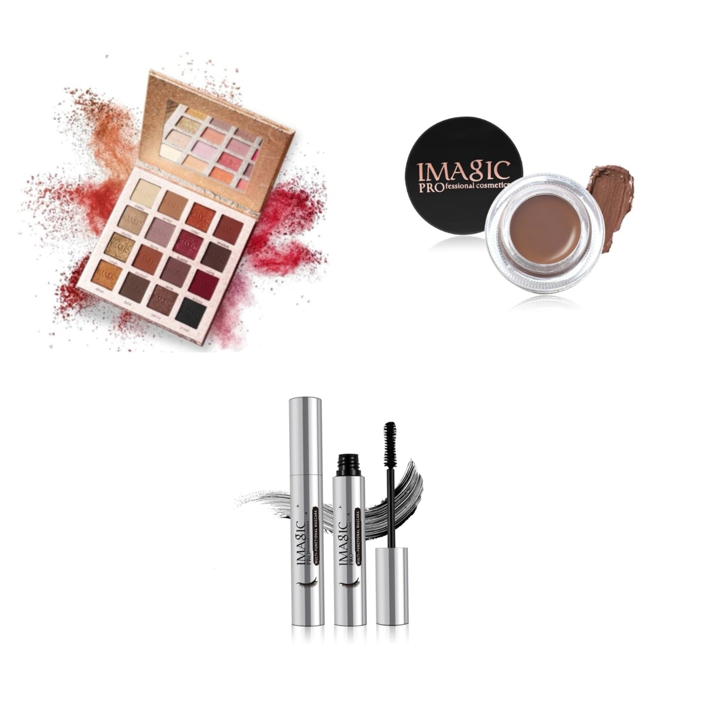 IMAGIC 16 Color Eyeshadow Makeup Palette + Eyebrow Gel + Mascara Bundle
