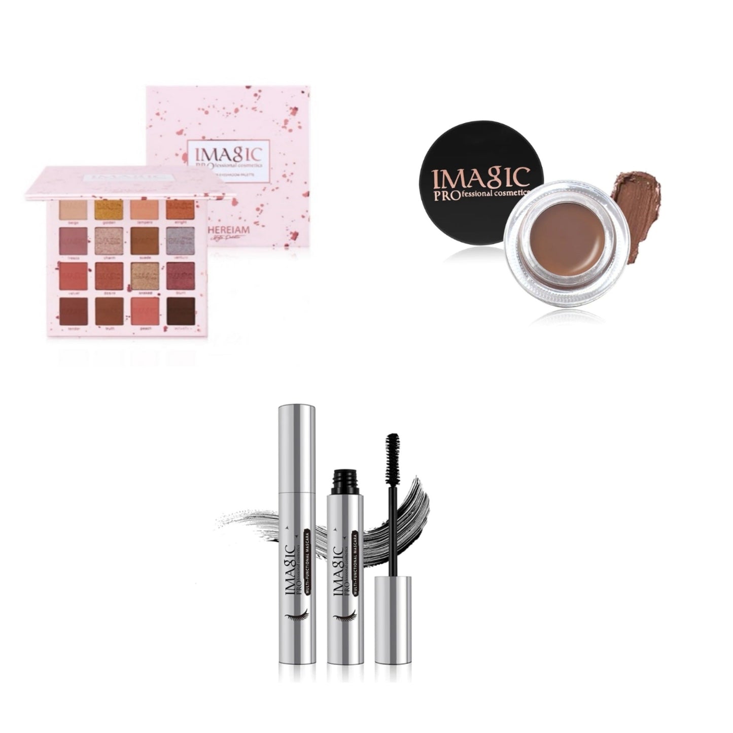 IMAGIC 16 Color Eyeshadow Makeup Palette + Eyebrow Gel + Mascara Bundle