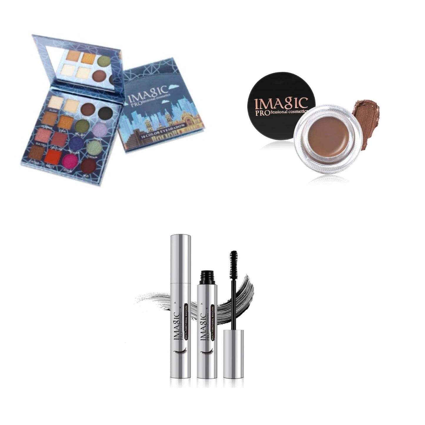 IMAGIC 16 Color Eyeshadow Makeup Palette + Eyebrow Gel + Mascara Bundle
