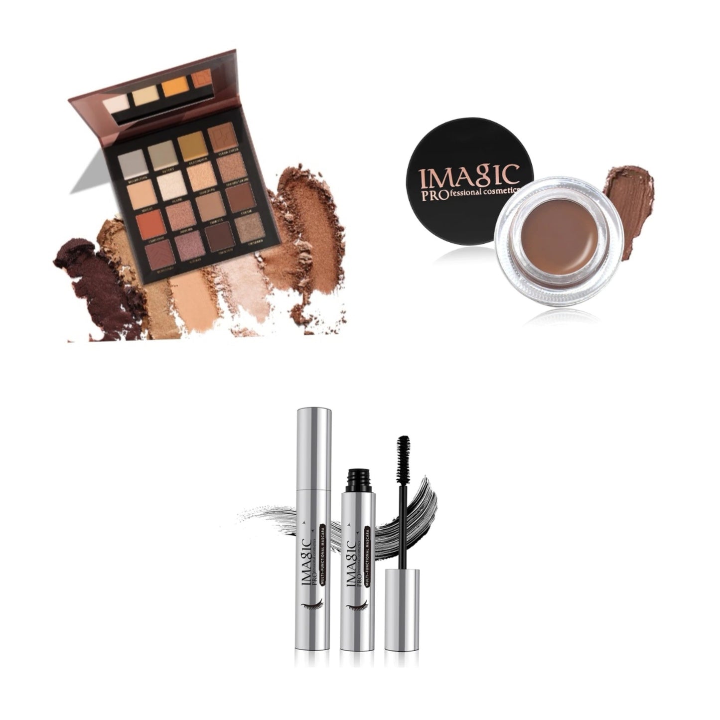 IMAGIC 16 Color Eyeshadow Makeup Palette + Eyebrow Gel + Mascara Bundle
